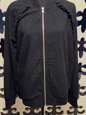 Women's Black Zip-Up Ruffle-Trim Jacket